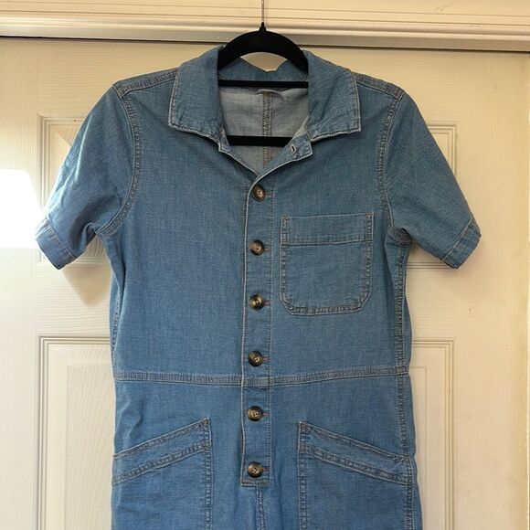 Denim Short Sleeve Button-Up Jumpsuit Stretch Jogger Style - Picture 1 of 11